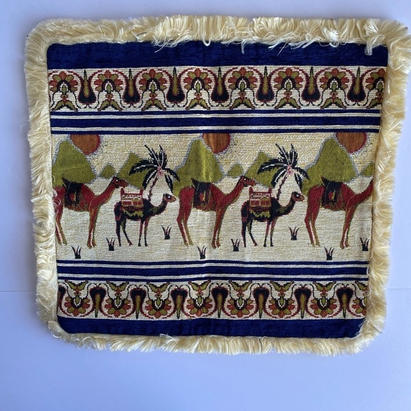 Tapestry Embroidered Camel Square Pillow Cover Zip Closure Fringe Boho Blue